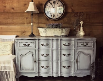 SOLD | Blue - grey French Provincial painted dresser | shabby chic chalk painted furniture | antique entryway dresser | refinished furniture