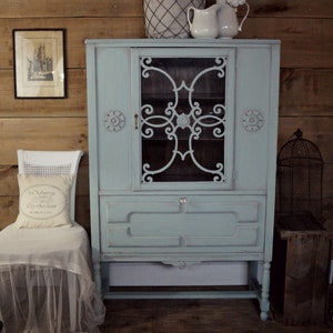 SOLD | Blue shabby chic chalk painted china cabinet | antique painted hutch | vintage china cabinet | shabby distressed painted furniture