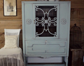 SOLD | Blue shabby chic chalk painted china cabinet | antique painted hutch | vintage china cabinet | shabby distressed painted furniture