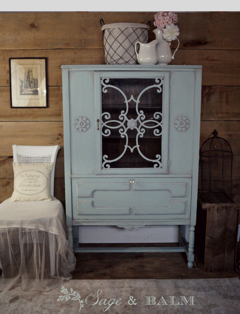 Sold Blue Shabby Chic Chalk Painted China Cabinet Antique Etsy