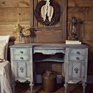 SOLD | Shabby chic blue & grey Gustavian antique vanity desk | blue dressing table on castors | antique vanity painted distressed furniture