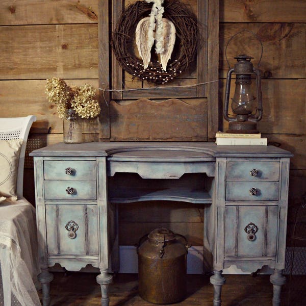 SOLD | Shabby chic blue & grey Gustavian antique vanity desk | blue dressing table on castors | antique vanity painted distressed furniture