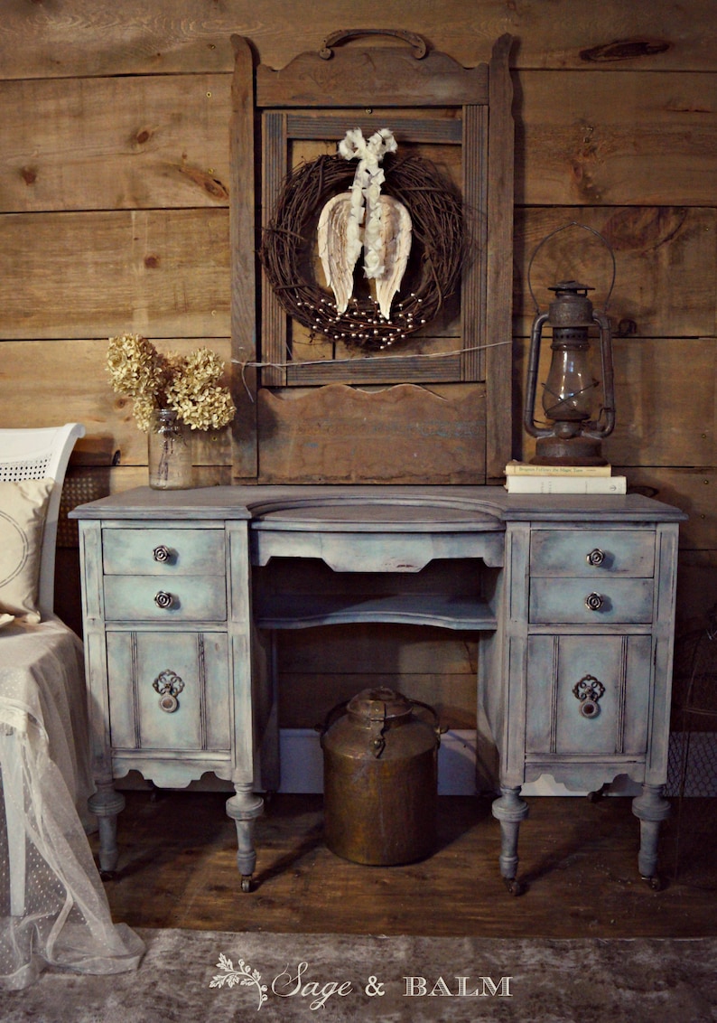 Sold Shabby Chic Blue Grey Gustavian Antique Vanity Desk Dressing Table On Castors Painted Distressed Furniture