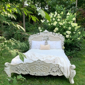 INQUIRE FOR PRICE | Double/Full French Rococo Antique bedframe | carved mahogany headboard & footboard platform painted bedroom furniture