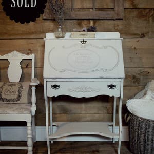 SOLD White shabby chic painted secretary desk, off-white, antique white desk, lady's desk, distressed, chalk painted furniture, lock & key image 1