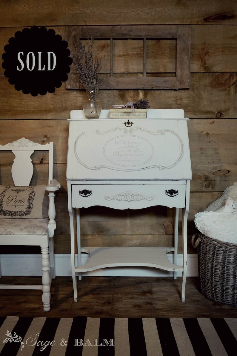 Sold White Shabby Chic Painted Secretary Desk Off Antique Lady S Distressed Chalk Furniture Lock Key