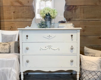 Antique white shabby chic painted dresser with mirror |  distressed dresser with castors & chippy paint | vintage knobs three drawer dresser