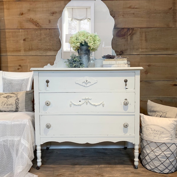 Antique white shabby chic painted dresser with mirror |  distressed dresser with castors & chippy paint | vintage knobs three drawer dresser