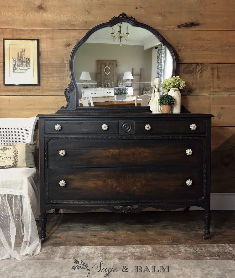 Sold Black Shabby Chic Distressed Antique Painted Dresser Etsy