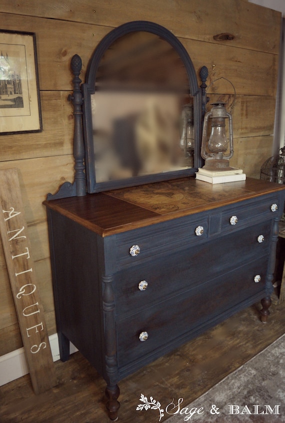 SOLD Midnight Blue Vintage Painted Dresser With Tilt Mirror Milk