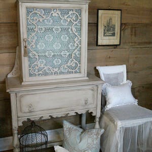 SOLD Custom for Denise * | Antique shabby chic grey & aqua china cabinet hutch with lace, distressed chalk painted furniture, hand painted