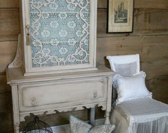 SOLD Custom for Denise * | Antique shabby chic grey & aqua china cabinet hutch with lace, distressed chalk painted furniture, hand painted