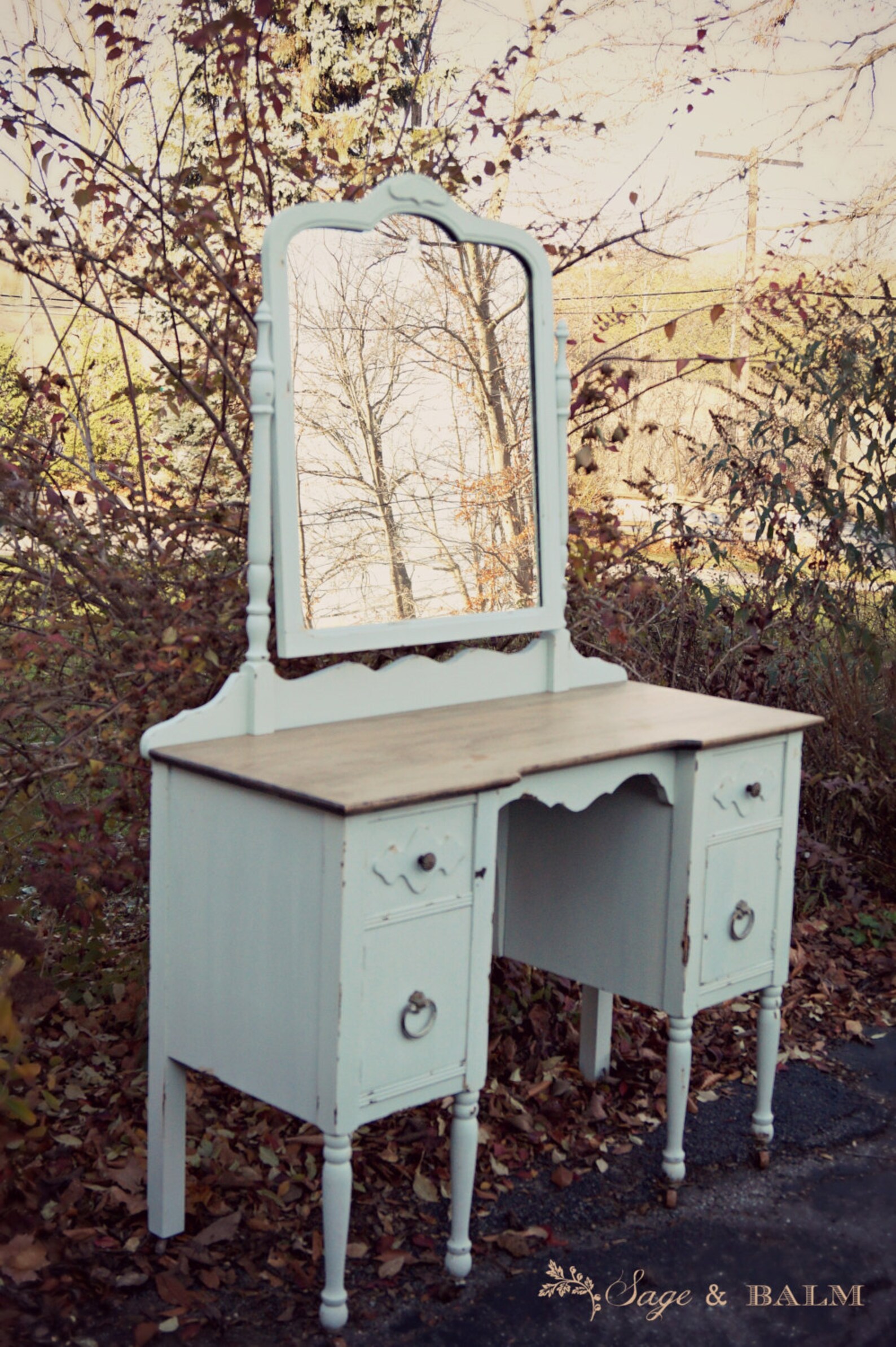 SOLD | Chippy & Shabby-chic Pale Blue and Walnut Vanity/dressing Table