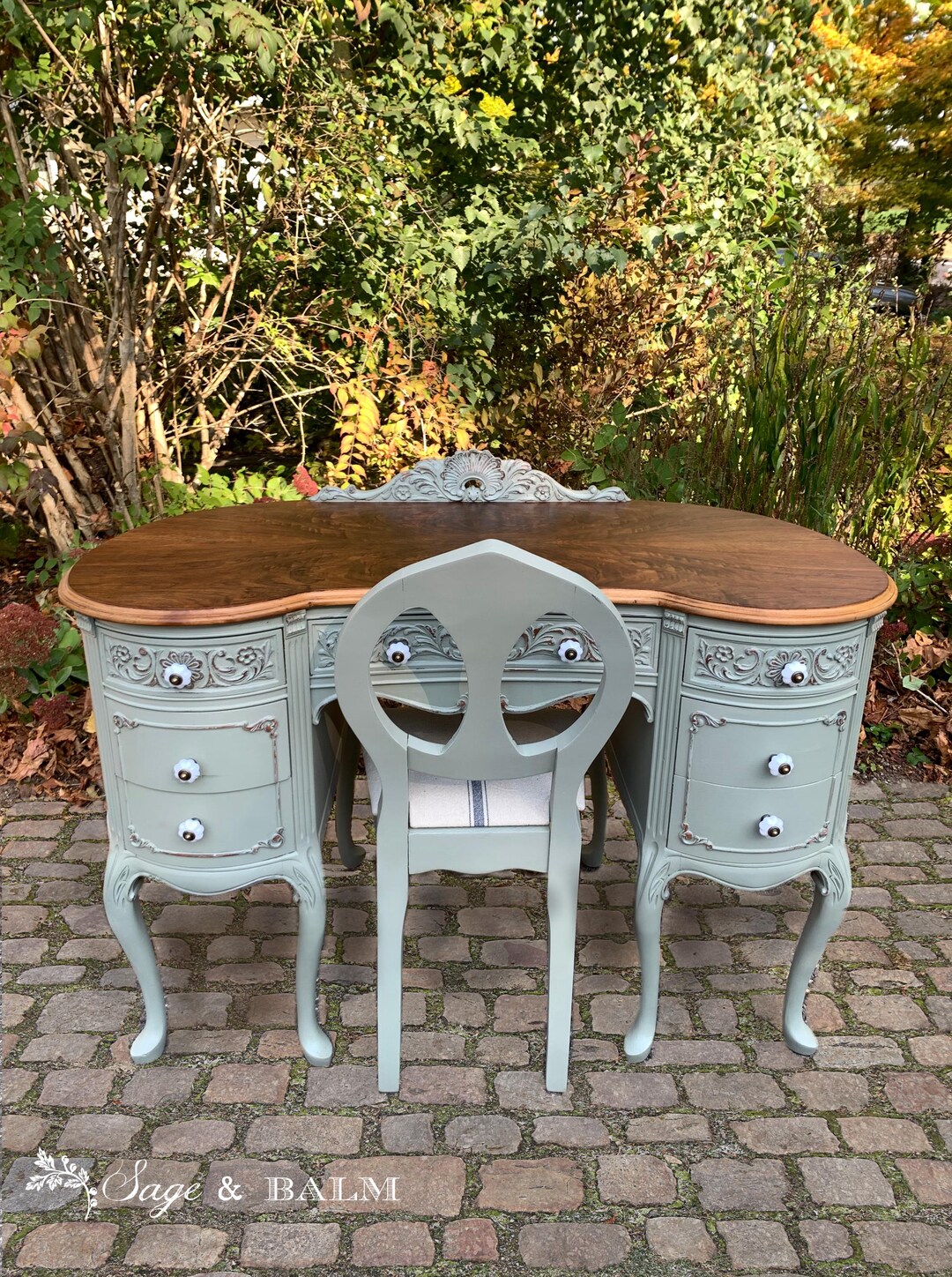 SOLD | Light Green & Walnut Serpentine Antique Vanity Desk W Chair ...