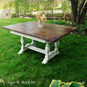 SOLD | French farmhouse rustic shabby chic dining table | distressed painted dining table | reclaimed barn board dining table