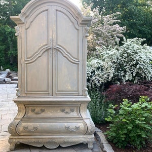 French hand painted armoire cabinet | shabby chic antique furniture | painted wardrobe linen storage | refinished armoire