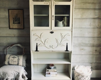 SOLD | Shabby chic white & grey antique secretary desk bookshelf | distressed painted furniture | Painted bookcase | White computer desk