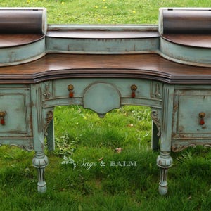 SOLD | Blue antique shabby chic chalk painted distressed vanity desk, antique shabby chic lady's desk dressing table, mahogany desk