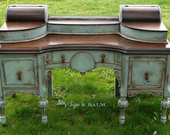 SOLD | Blue antique shabby chic chalk painted distressed vanity desk, antique shabby chic lady's desk dressing table, mahogany desk