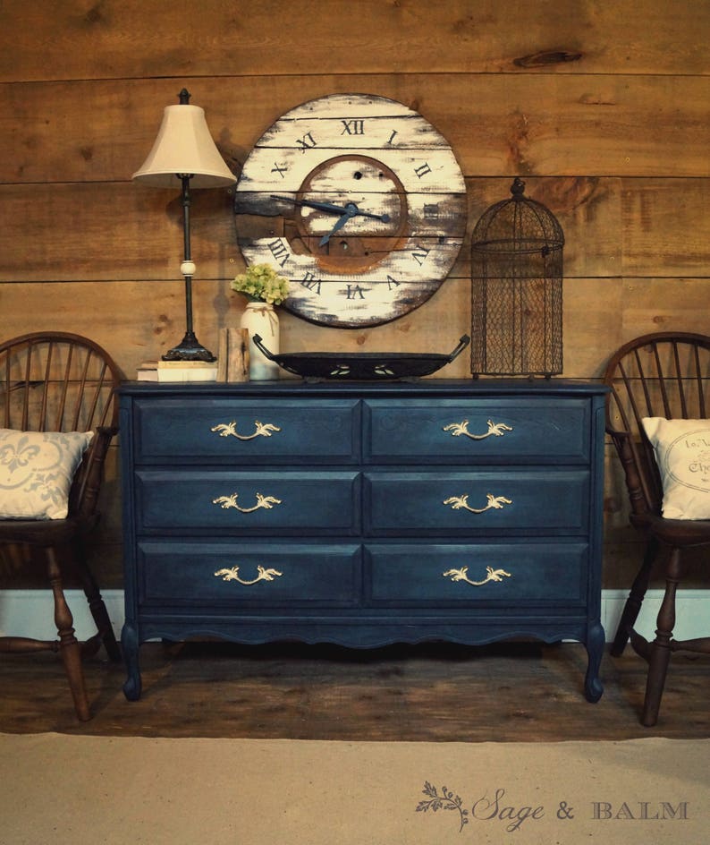 Sold Navy Blue Teal Antique French Provincial Dresser Etsy