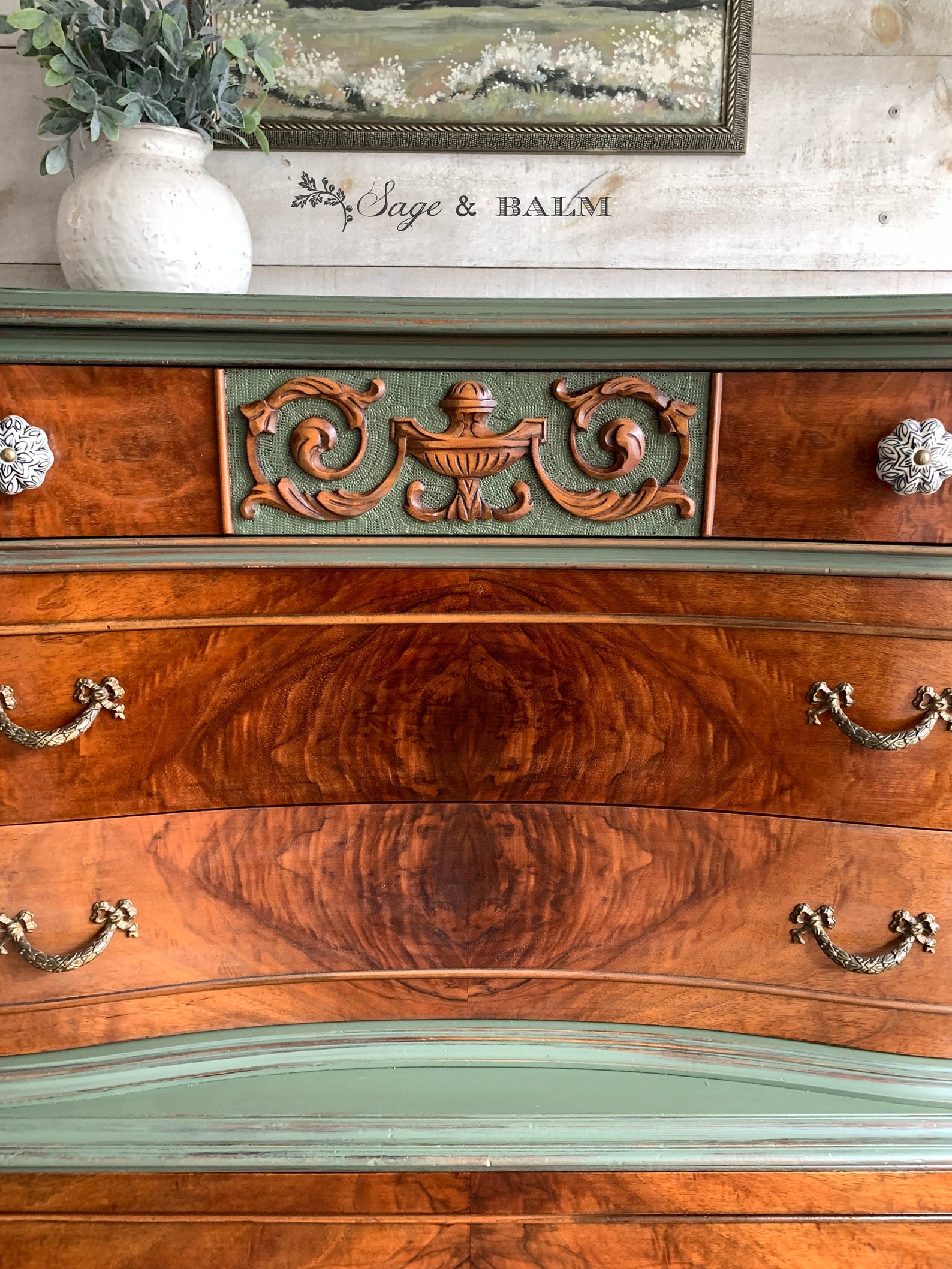 SOLD | Green & Mahogany Antique Wood Tallboy Dresser | Painted ...