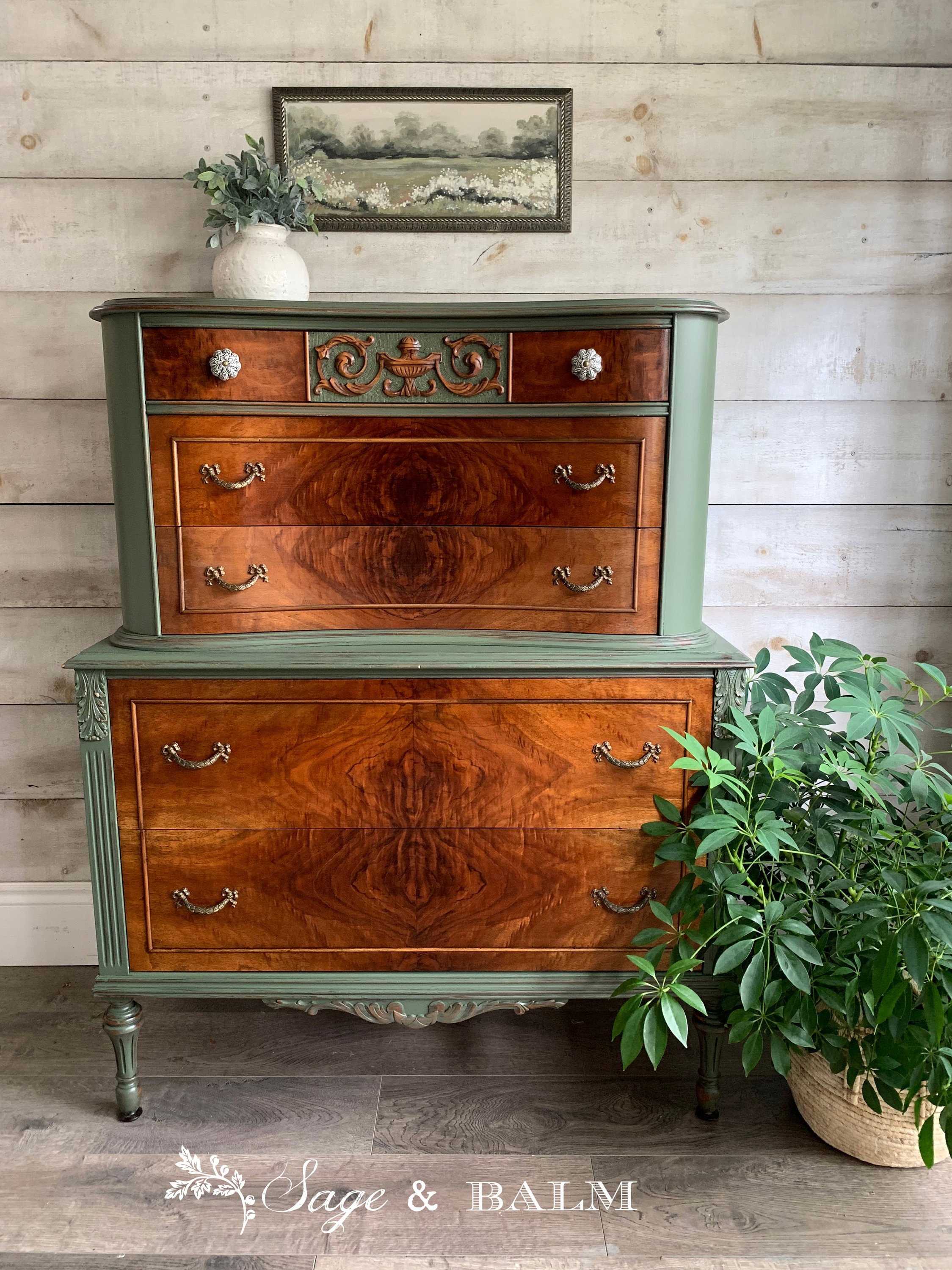SOLD | Green & Mahogany Antique Wood Tallboy Dresser | Painted Furniture  Serpentine Front Drawers | Hand Painted Vintage Dresser - Etsy Finland