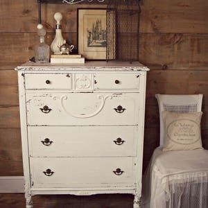 SOLD | Antique white shabby chic chippy painted dresser, white antique milk-painted dresser, chippy white tallboy dresser, shabby chic