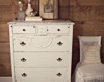 SOLD | Antique white shabby chic chippy painted dresser, white antique milk-painted dresser, chippy white tallboy dresser, shabby chic