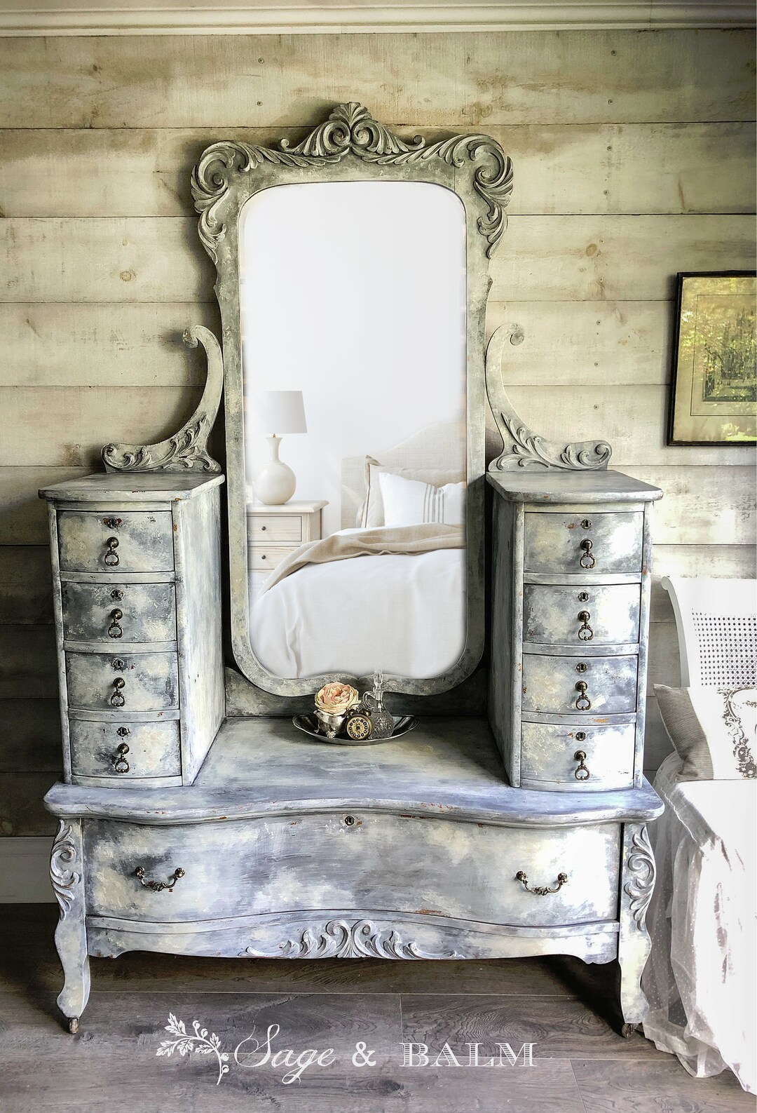 Antique Painted French Blue & Grey Vanity Dresser With Mirror Handpainted Distressed Vanity