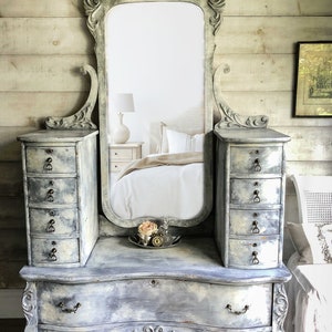 ON HOLD | Antique painted French blue & grey vanity dresser w/ mirror | painted distressed makeup table | painted shabby chic furniture