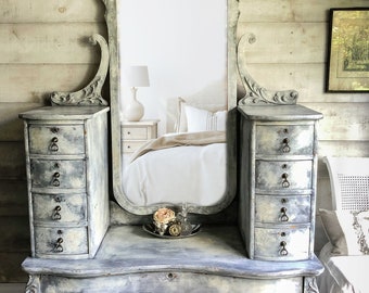 Antique painted French blue & grey vanity dresser with mirror | hand-painted distressed vanity makeup table | painted shabby chic furniture