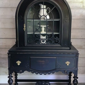 SOLD PORTFOLIO PIECE | Black & Sage green painted antique round-topped china cabinet hutch | black distressed painted furniture cabinet