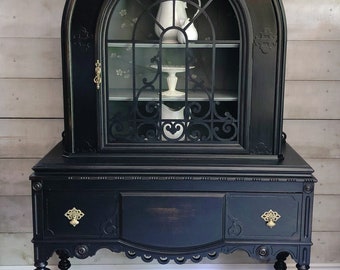 SOLD PORTFOLIO PIECE | Black & Sage green painted antique round-topped china cabinet hutch | black distressed painted furniture cabinet