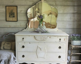 SOLD | White Gustavian shabby chic chippy painted dresser w/mirror | refinished milk painted antique white dresser | cottage painted dresser