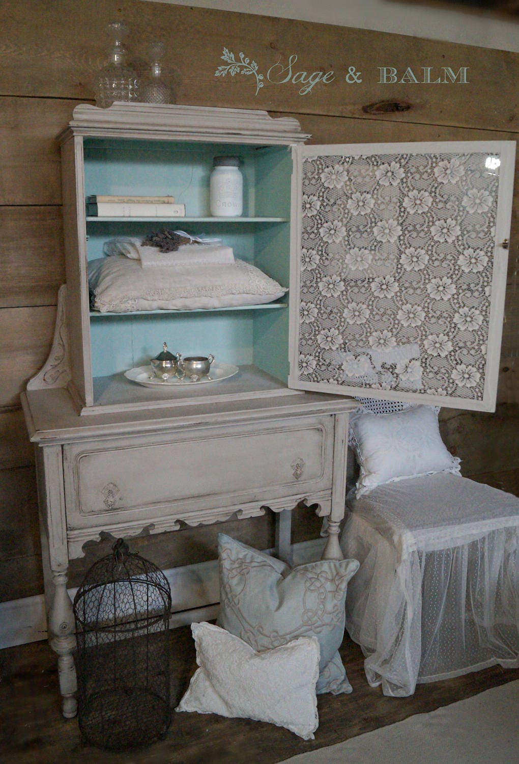 SOLD Custom for Denise Antique Shabby Chic Grey & Aqua China