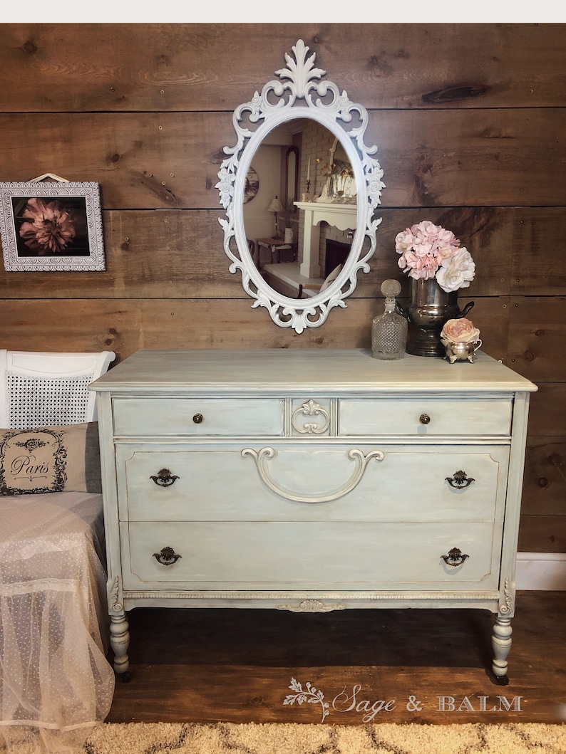 SOLD Antique light blue shabby chic Gustavian painted buffet/dresser chalk painted entryway dresser on castors blue painted furniture image 1