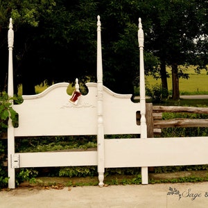 SOLD | Antique white shabby-chic chalk painted queen-sized 4 poster bed frame, queen headboard & footboard, distressed bed painted furniture