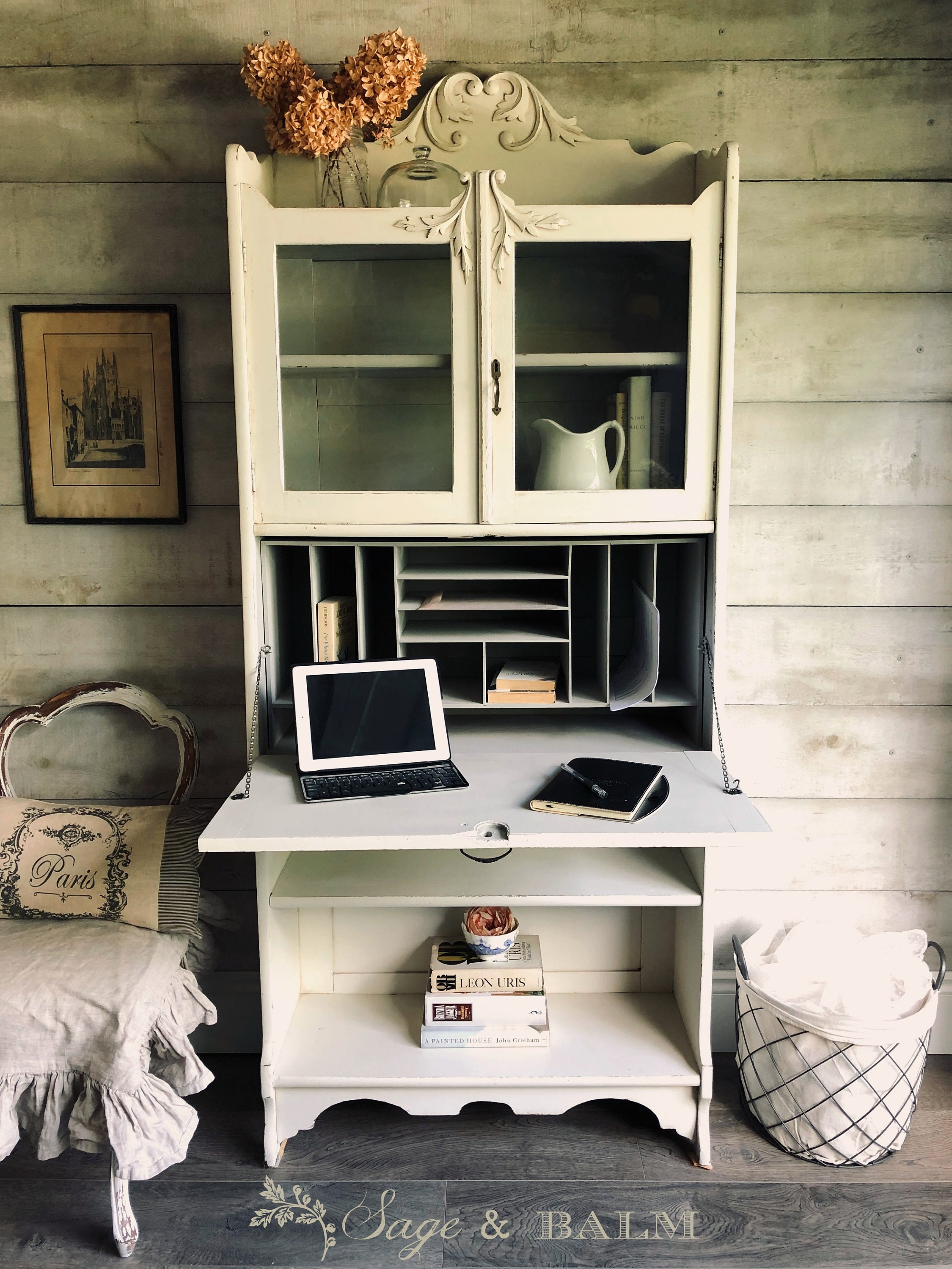 販売済み | シャビーシックなホワイト＆グレーのアンティーク秘書