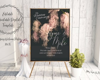 Pink Peony printable wedding Welcome sign Poster template | editable & digital wedding entrance sign | Print your own wedding poster sign