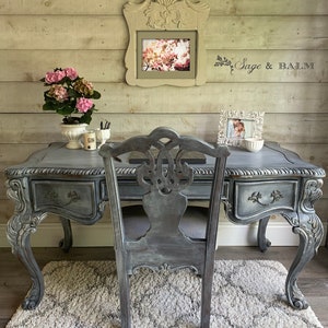 VENDUTO / Scrivania clawfoot francese vintage blu e grigio con sedia / scrivania dipinta in legno massello in difficoltà / patina antica dipinta a mano