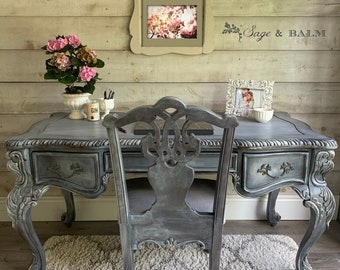 SOLD | Blue & grey vintage French clawfoot desk with chair | distressed solid wood painted desk | antique office desk hand painted patina