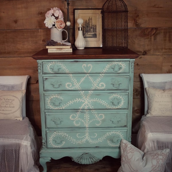 SOLD | Aqua/turquoise blue antique shabby chic distressed tall boy dresser & cream hand-painting, chalk painted furniture, upcycled dresser