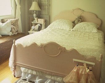 SOLD | Shabby chic antique girl's child's chalk painted distressed double bed frame, painted bed frame headboard, toddler bed, girl's bed
