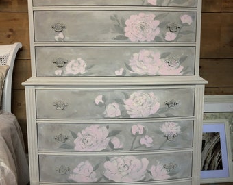 SOLD portfolio piece | Grey, pink & cream painted peony antique tallboy dresser | Floral painted dresser | shabby chic neutral furniture