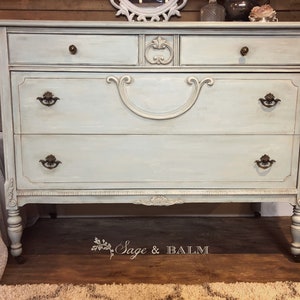 SOLD Antique light blue shabby chic Gustavian painted buffet/dresser chalk painted entryway dresser on castors blue painted furniture image 2