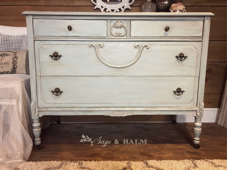 SOLD Antique light blue shabby chic Gustavian painted buffet/dresser chalk painted entryway dresser on castors blue painted furniture image 2