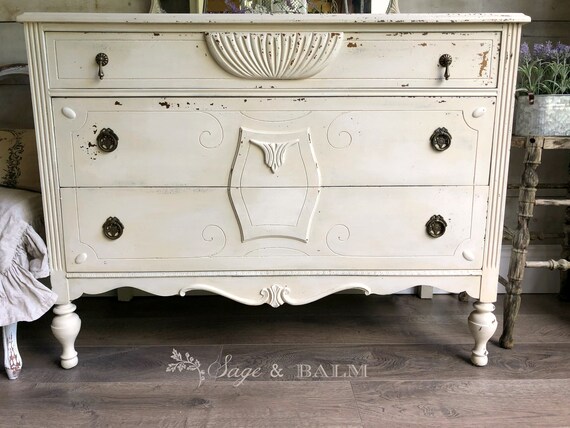 SOLD White Gustavian Shabby Chic Chippy Painted Dresser W mirror