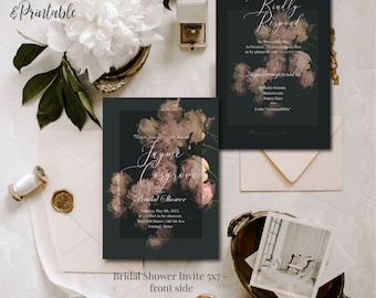Black and Pink Peony printable bridal shower invite template | editable & digital bridal shower invitation | DIY wedding digital template