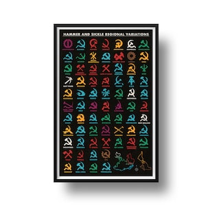 May include: A black and white poster with the title "Hammer and Sickle Regional Variations". The poster shows a variety of hammer and sickle symbols from different countries around the world.