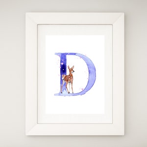 Ciervo acuarela, monograma animal, alfabeto, letra D, descarga imprimible, impresión de arte inicial, arte de la pared del nombre de la niña, decoración de la guardería, ABC de la A a la Z
